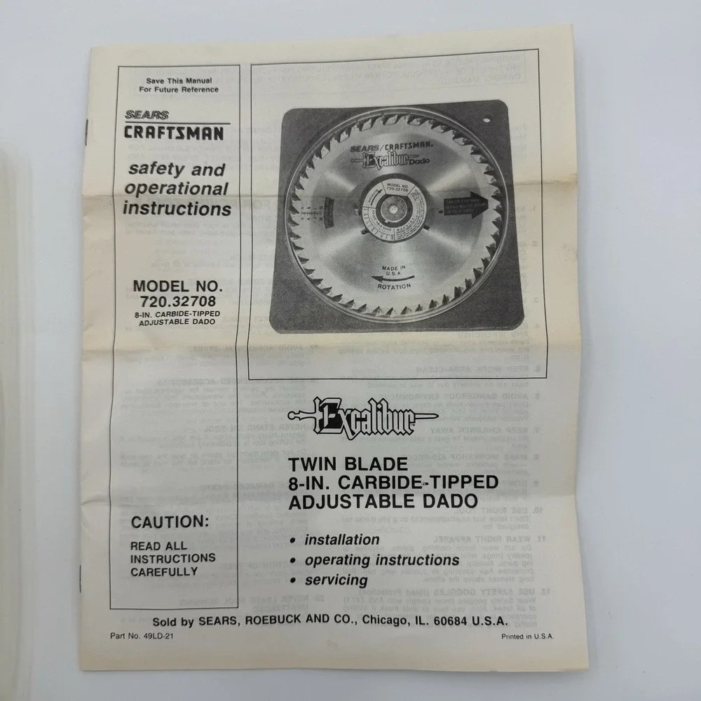 Sears Craftsman Excalibur Twin Blade 8 Inch Carbide Tipped Adj Dado 720.32708